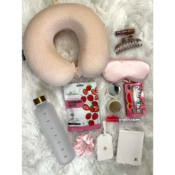 Accessories - Pink Travel Comfort Essentials Bundle, Neck Pillow Sleep Mask Water Bottle